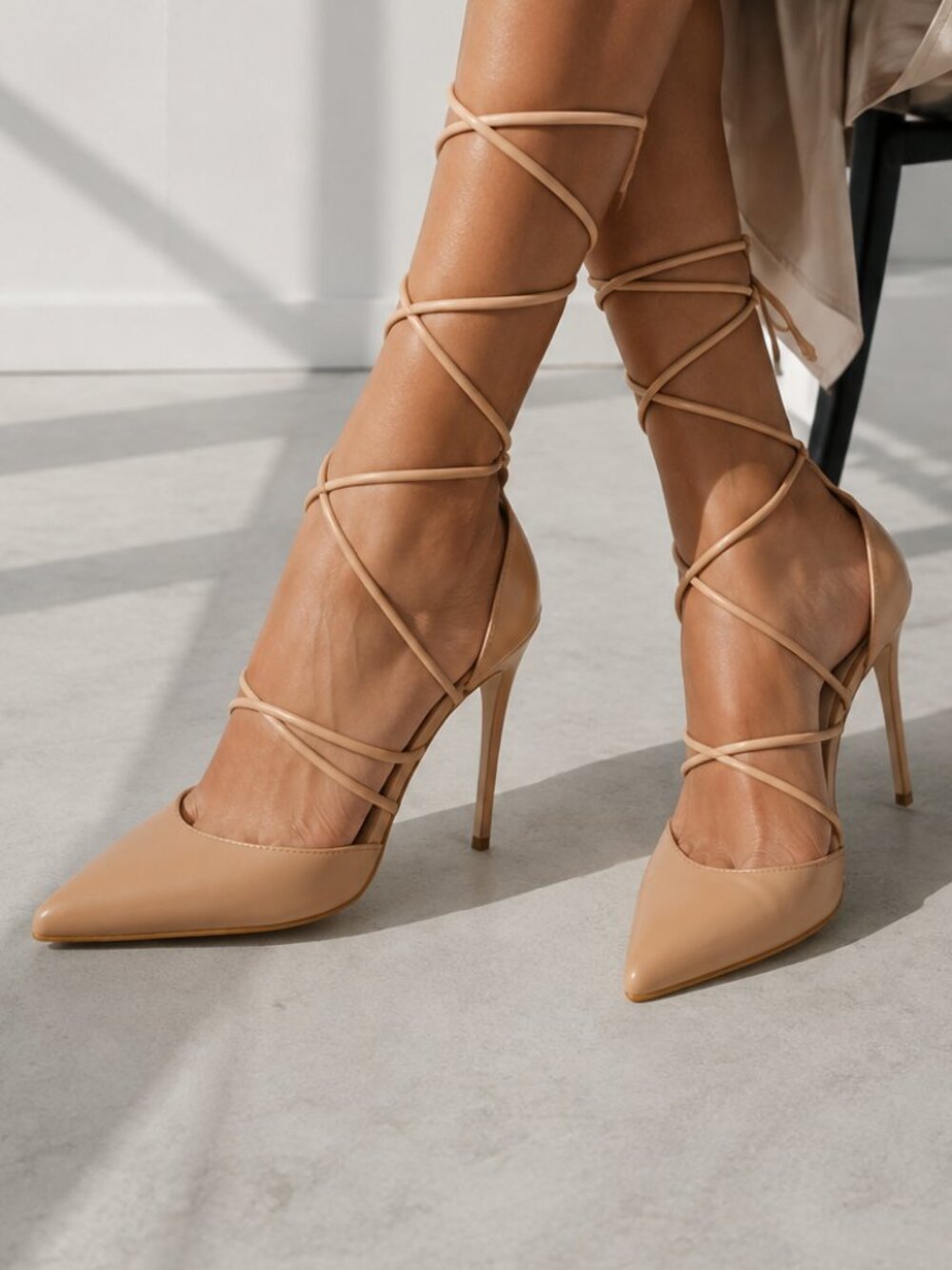 Truffle Collection Nude Lace Up Pointed Toe Stiletto Heels Pumps Size 8